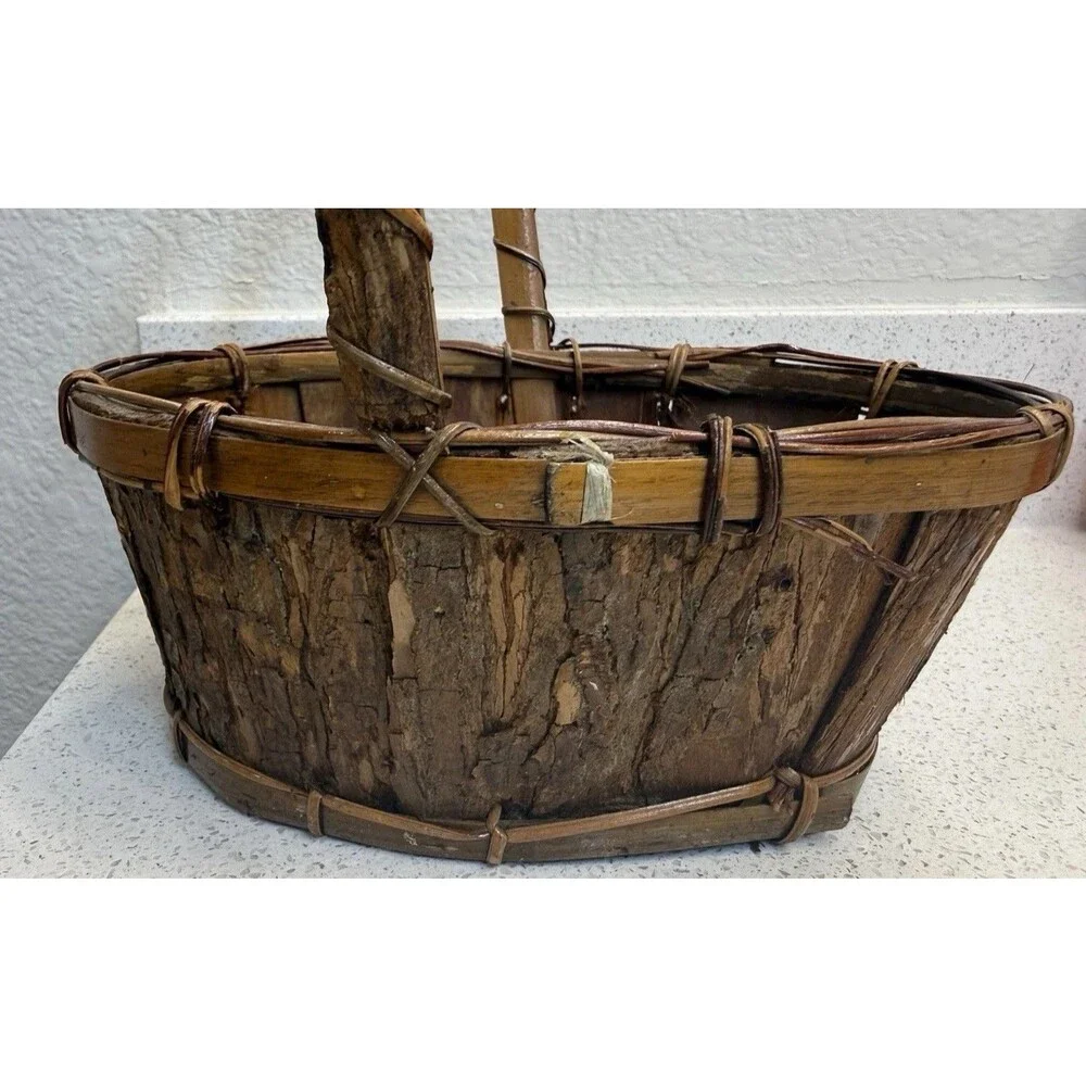 Vtg Primitive Native Tree Bark Basket Decor Hanging Gathering Berry Rustic